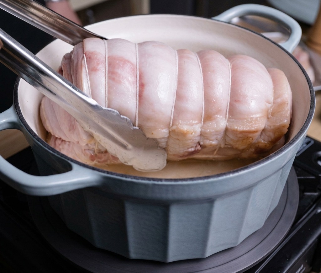 Une pince déposant le rouleau de porc ficelé dans une cocotte en fonte émaillée pour le faire dorer.