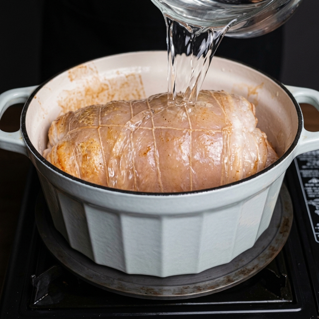 Eau claire versée dun pichet dans la cocotte contenant le porc doré.
