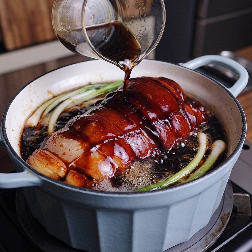 Sauce soja versée dans la cocotte avec le porc, leau et les oignons verts.