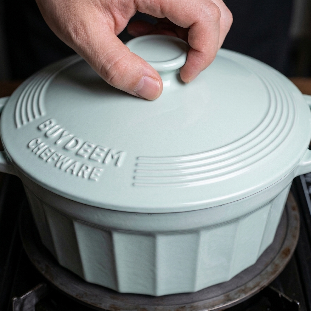 Une main posant le couvercle bleu sur la cocotte en fonte sur la cuisinière.