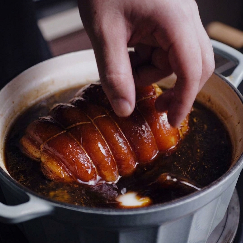 Main ajustant le porc dans son jus de cuisson avec un œuf mollet visible dans la casserole.