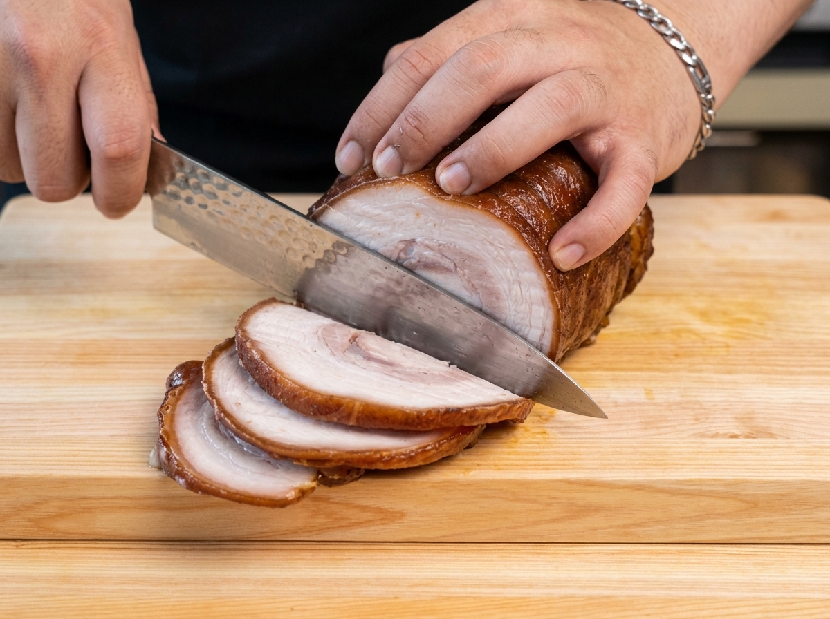 Tranches de porc caramélisées retournées avec une pince dans une poêle chaude.