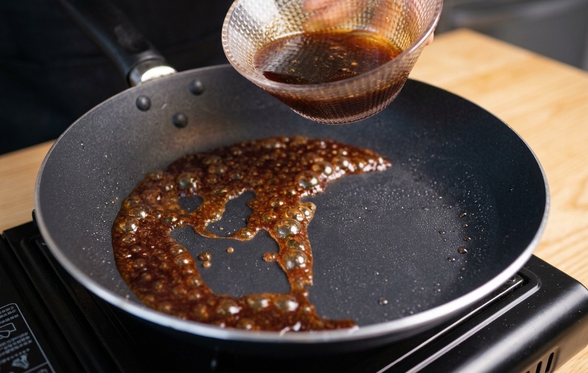 Liquide de braisage bouillonnant et réduisant dans une petite poêle.