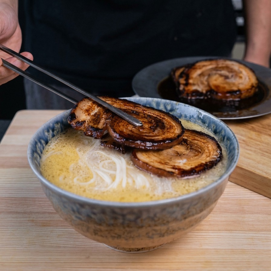 Pince déposant délicatement les tranches de porc sur un bol de nouilles ramen fumant.