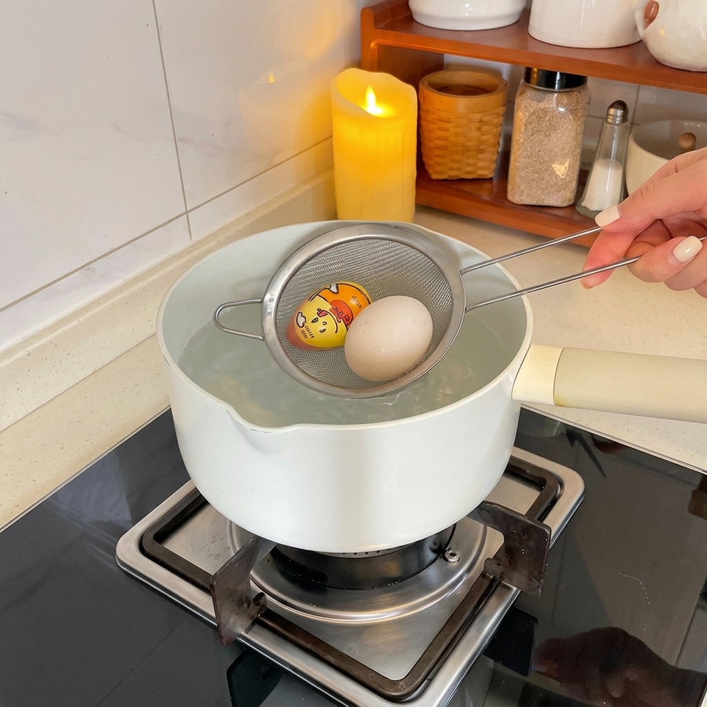 Une main utilisant une petite passoire pour déposer délicatement des œufs dans une casserole deau bouillante.