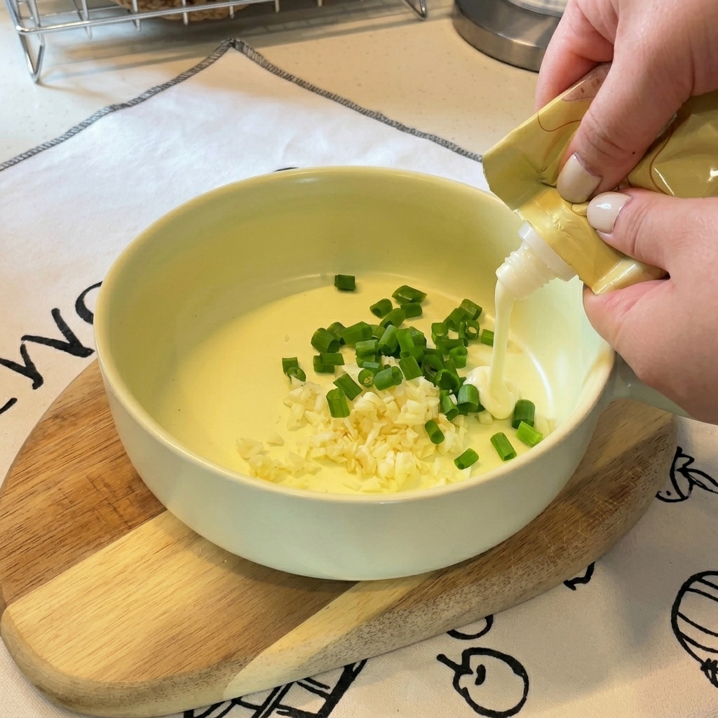 Ajout dune dose de mayonnaise dans un bol contenant de lail haché et des oignons verts.