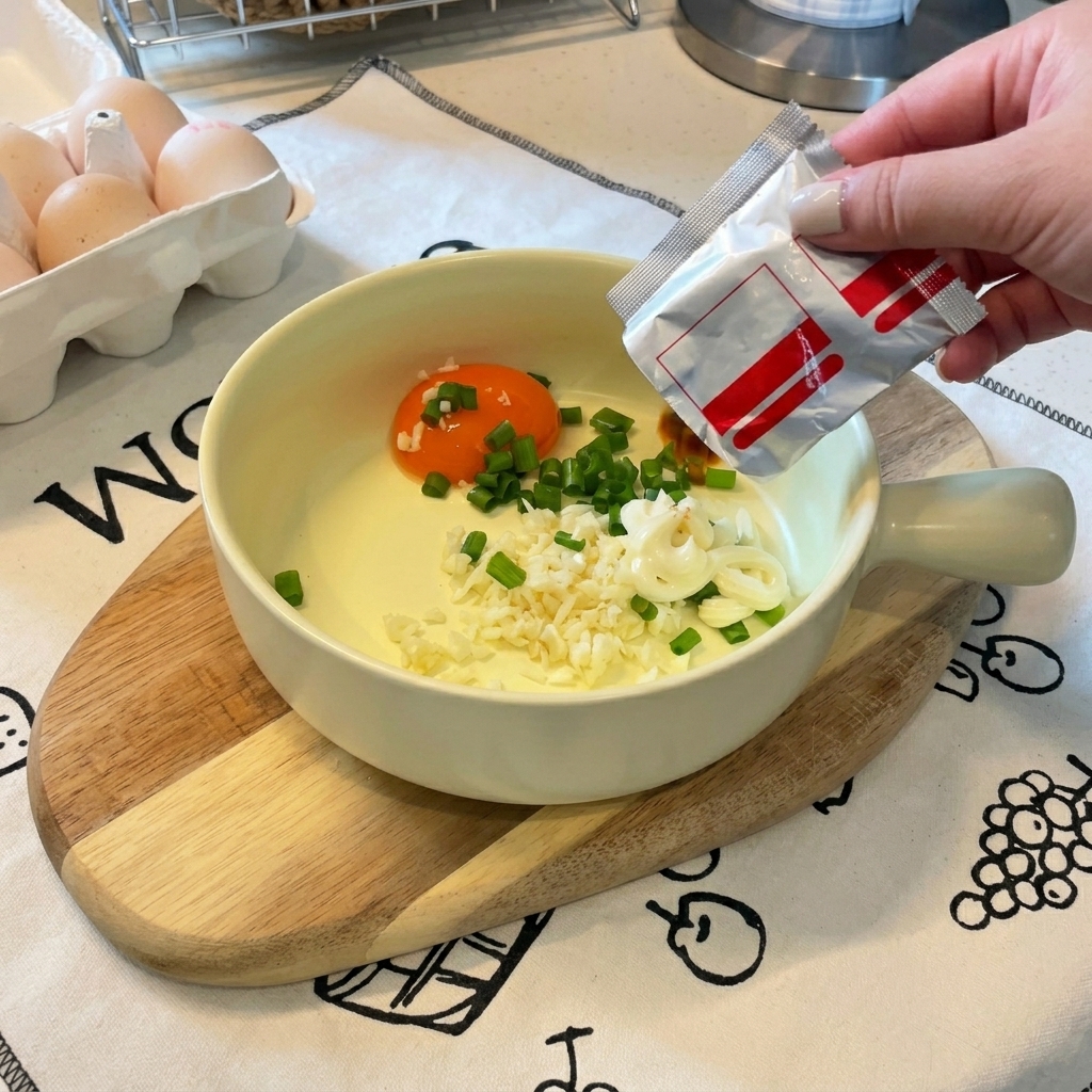 Versement de la poudre dassaisonnement dun sachet de ramen sur le mélange dœuf et de mayonnaise.