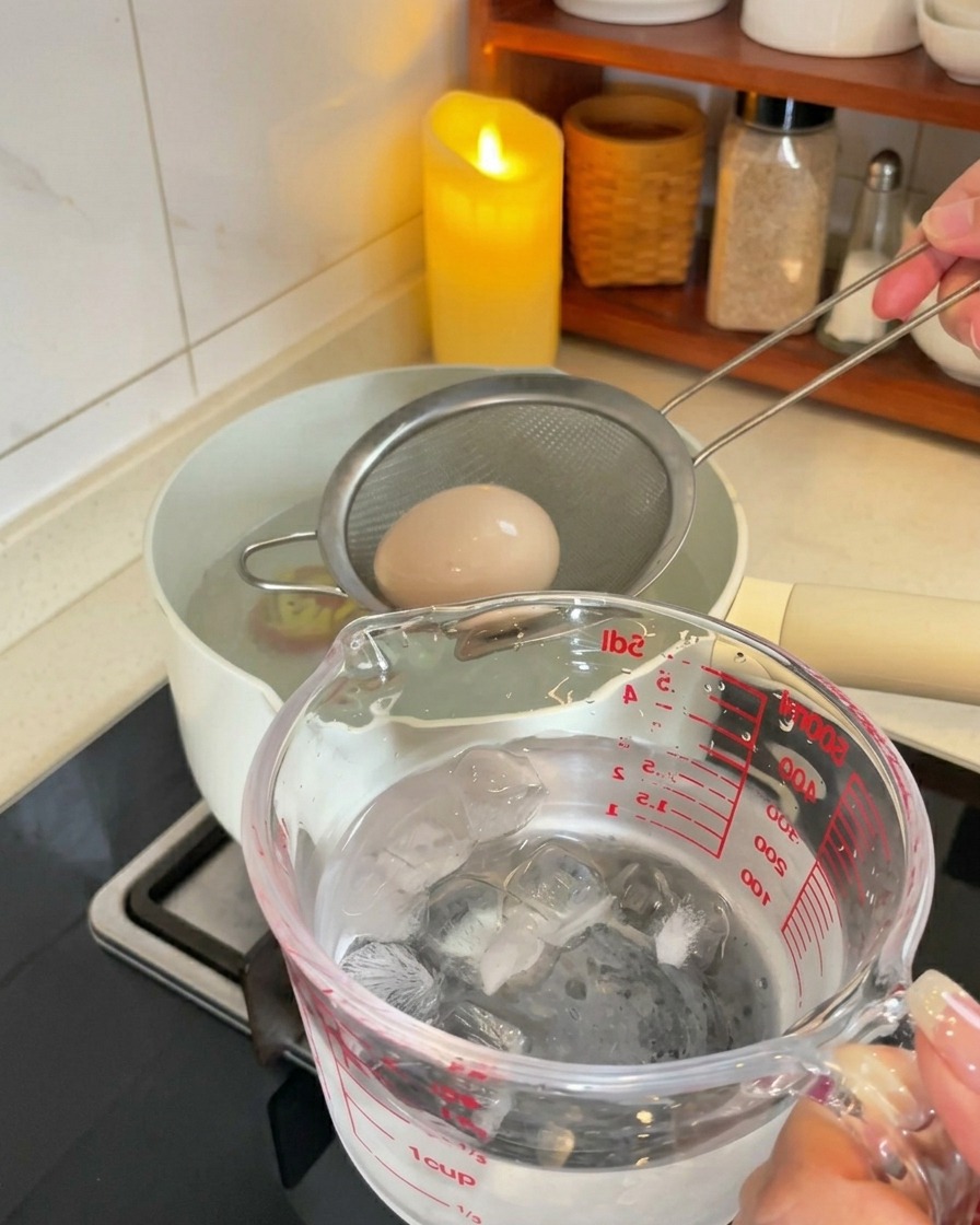 Une passoire sortant un œuf bouillant pour le plonger dans un récipient rempli deau et de glaçons.