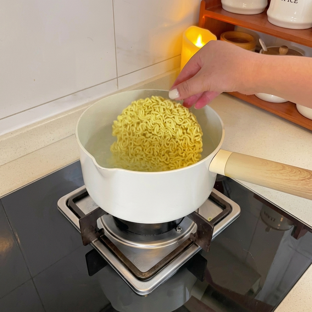 Une main déposant un bloc de nouilles instantanées sèches dans une casserole deau bouillante.