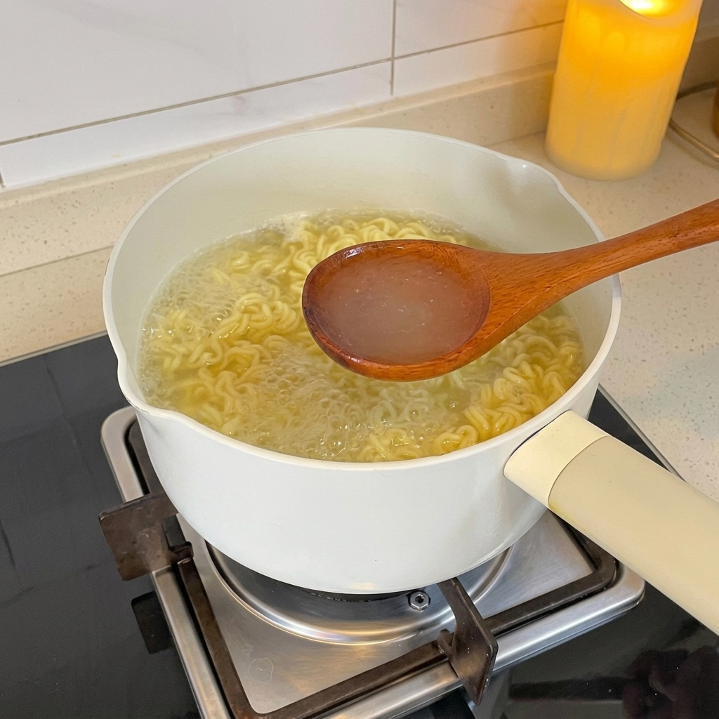 Une louche prélevant de leau trouble et chaude dune casserole de nouilles en train de bouillir.