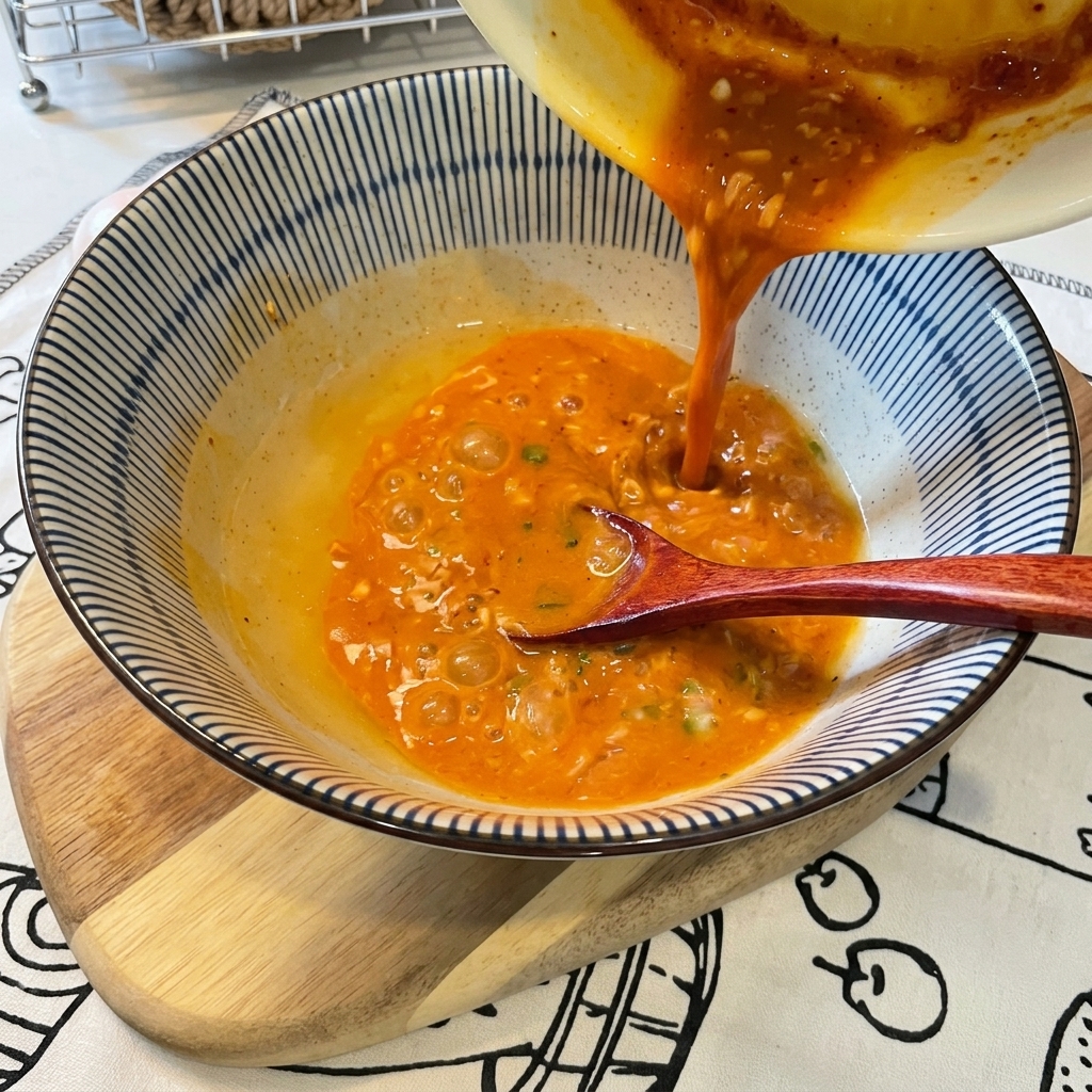 Versement dun bouillon chaud et orangé dans un bol tout en remuant avec une cuillère.