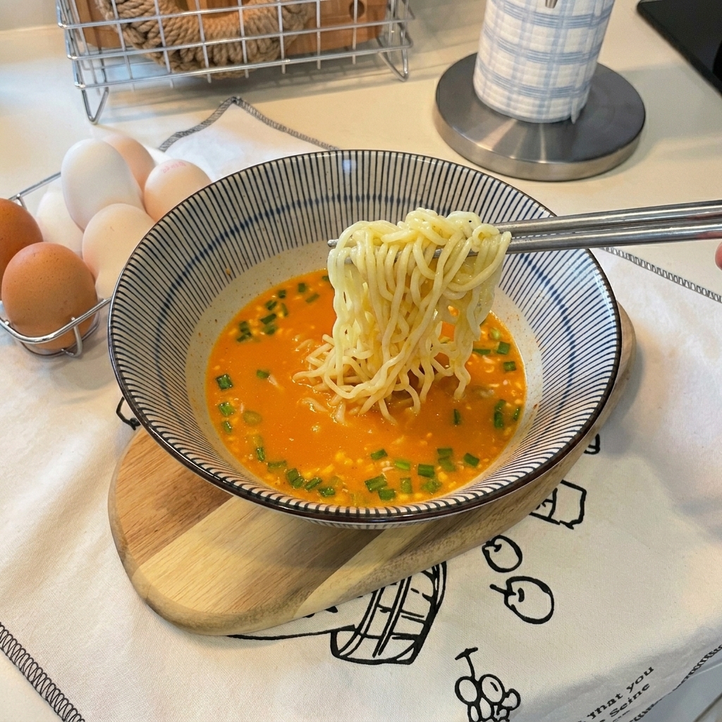 Des baguettes soulevant des nouilles ondulées pour les déposer dans un bouillon crémeux.