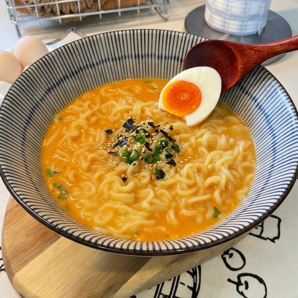 Un bol de ramen crémeux garni dune moitié dœuf mollet au jaune dun orange éclatant.