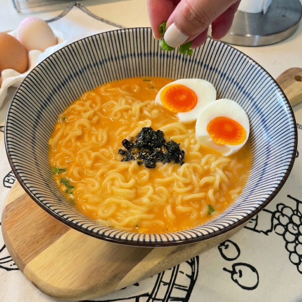Une main parsemant des oignons verts sur un bol de ramen déjà garni dœufs, de sésame et dalgues.