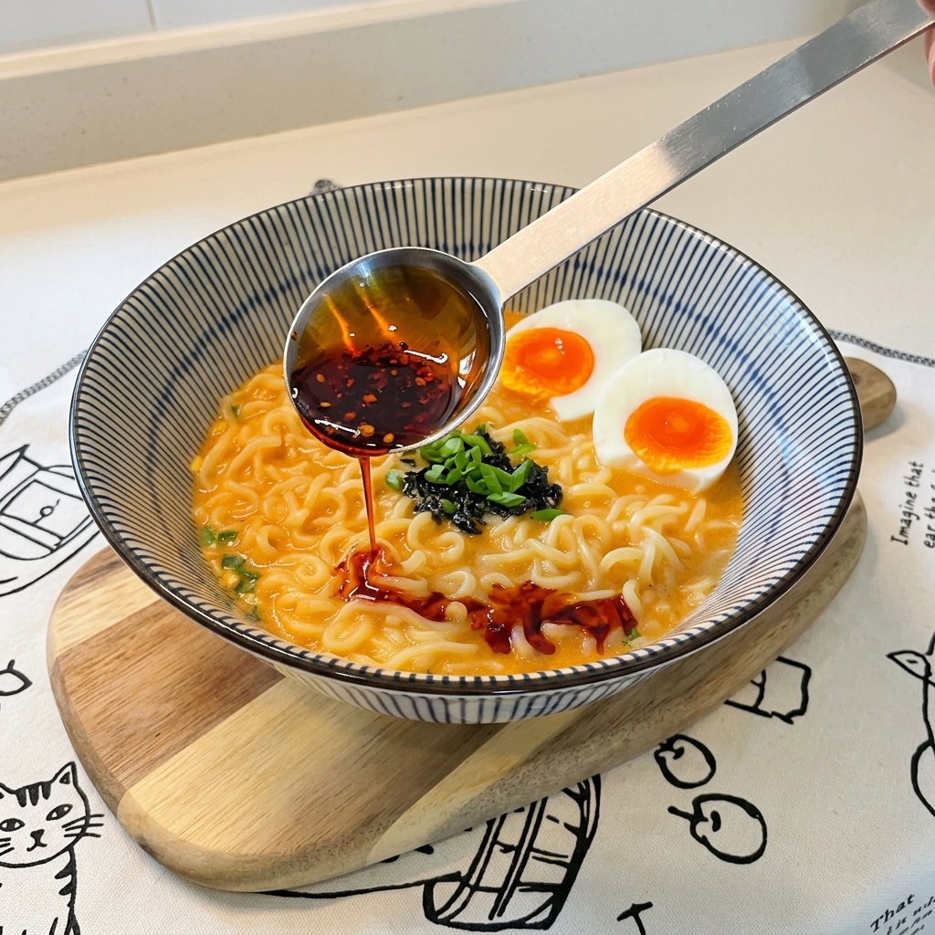 Une cuillère versant de lhuile pimentée rouge vif sur un bol de ramen crémeux et garni.