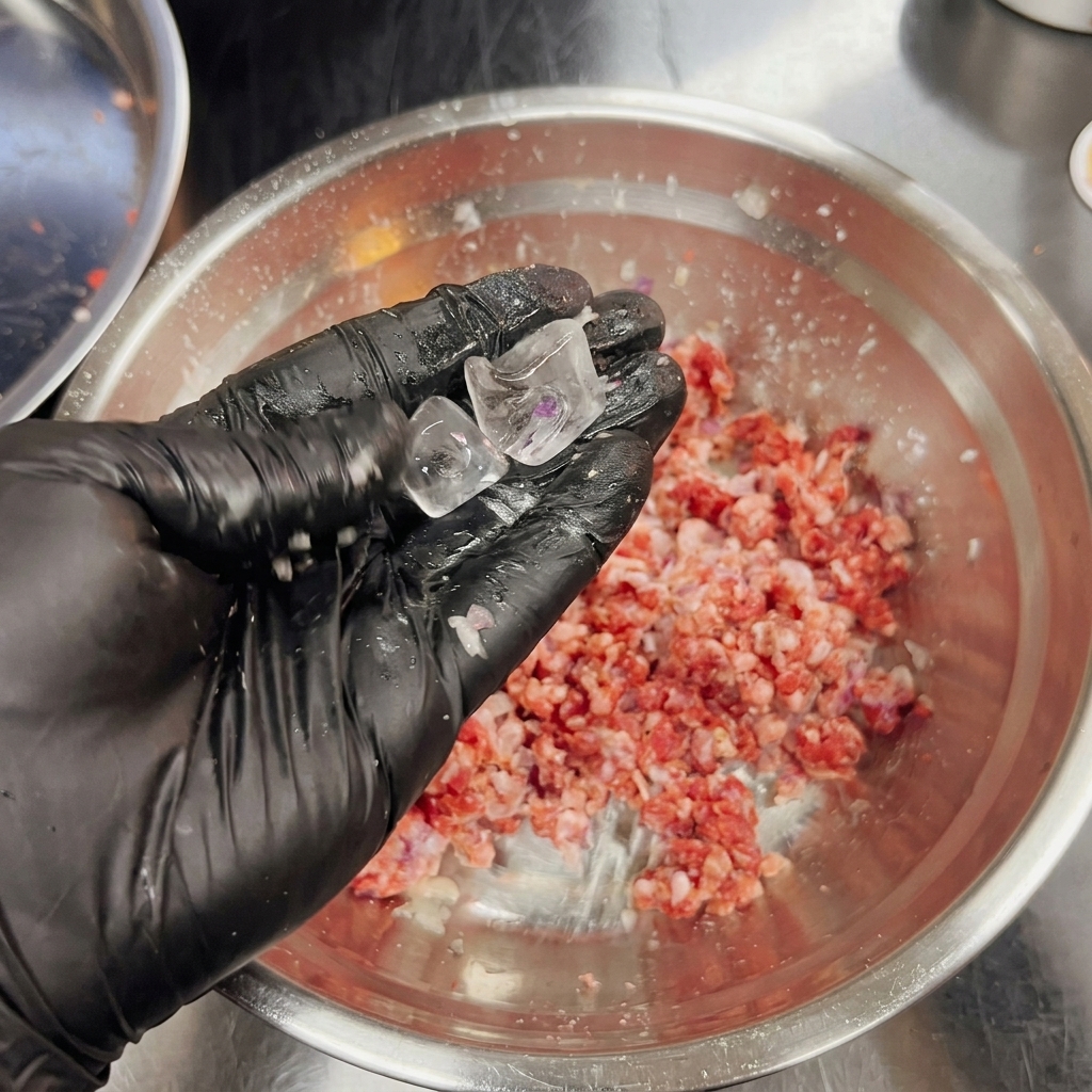 Deux glaçons transparents tenus au-dessus du mélange de viande à burger.