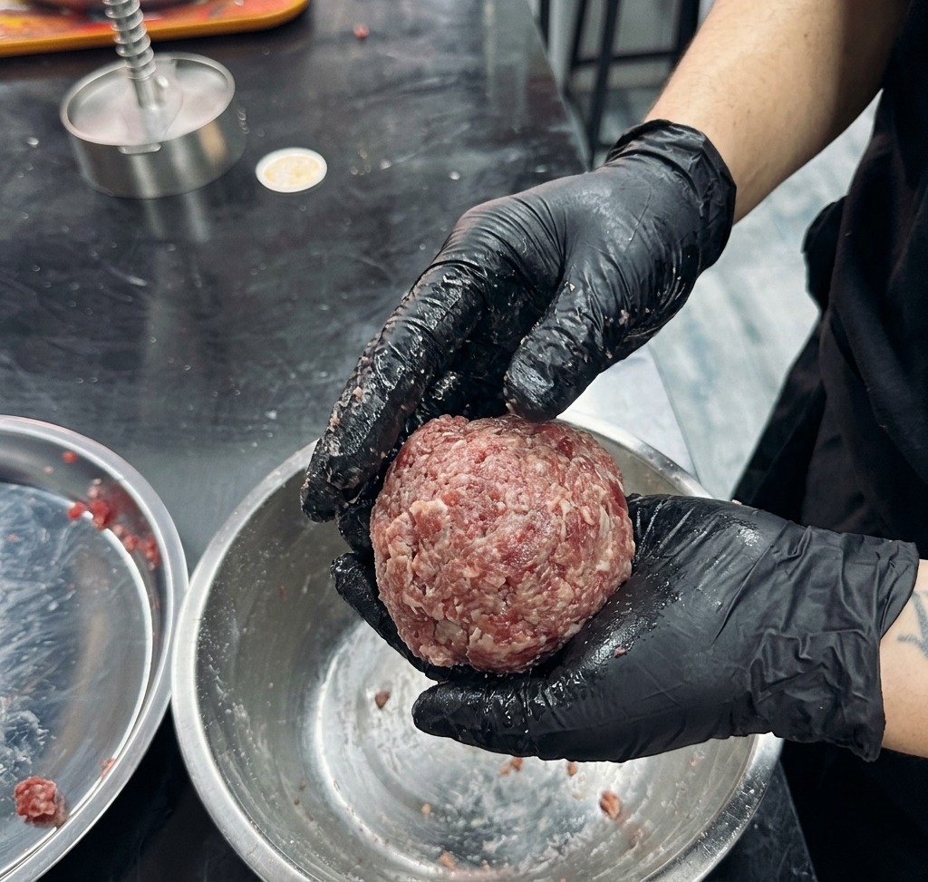 Une boule de viande hachée lancée fermement entre deux mains gantées.