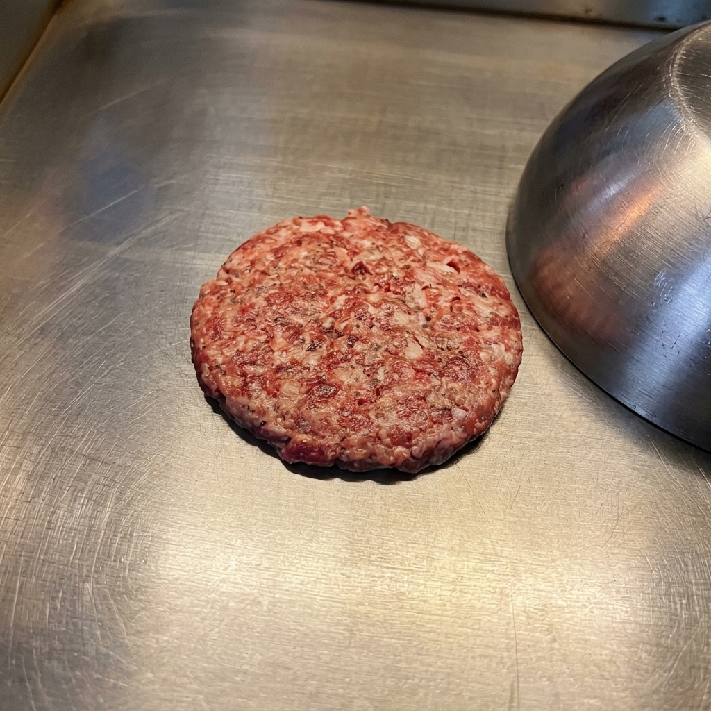 Un steak de bœuf saisissant sur une plaque chaude avec une cloche en métal à côté.