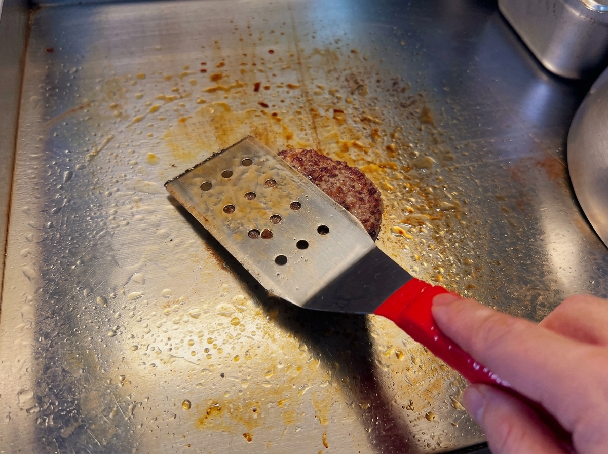 Une main tenant une spatule et pressant doucement un steak de bœuf grésillant.
