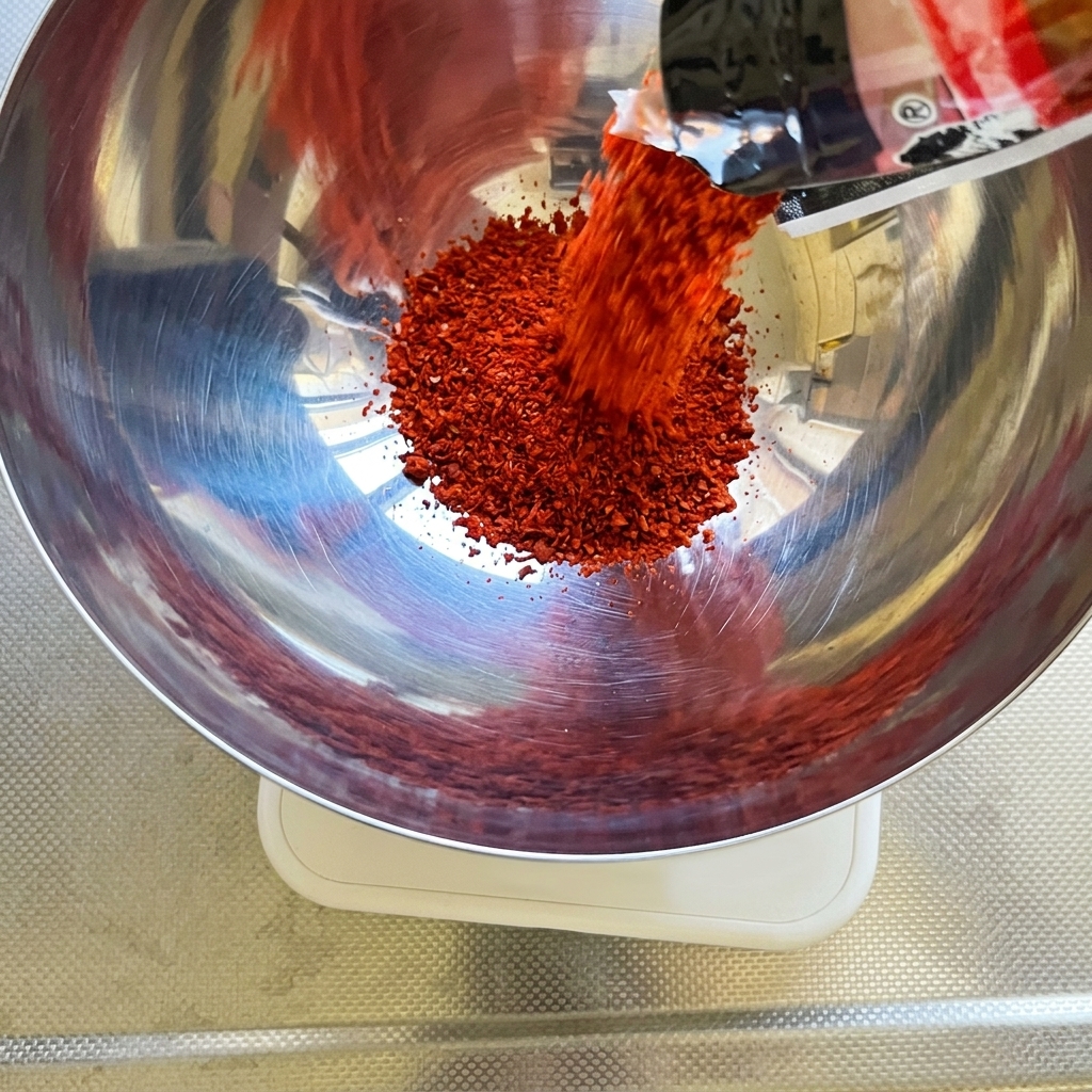 Versement de poudre de piment coréen rouge vif dun sachet dans un bol en métal sur une balance numérique.