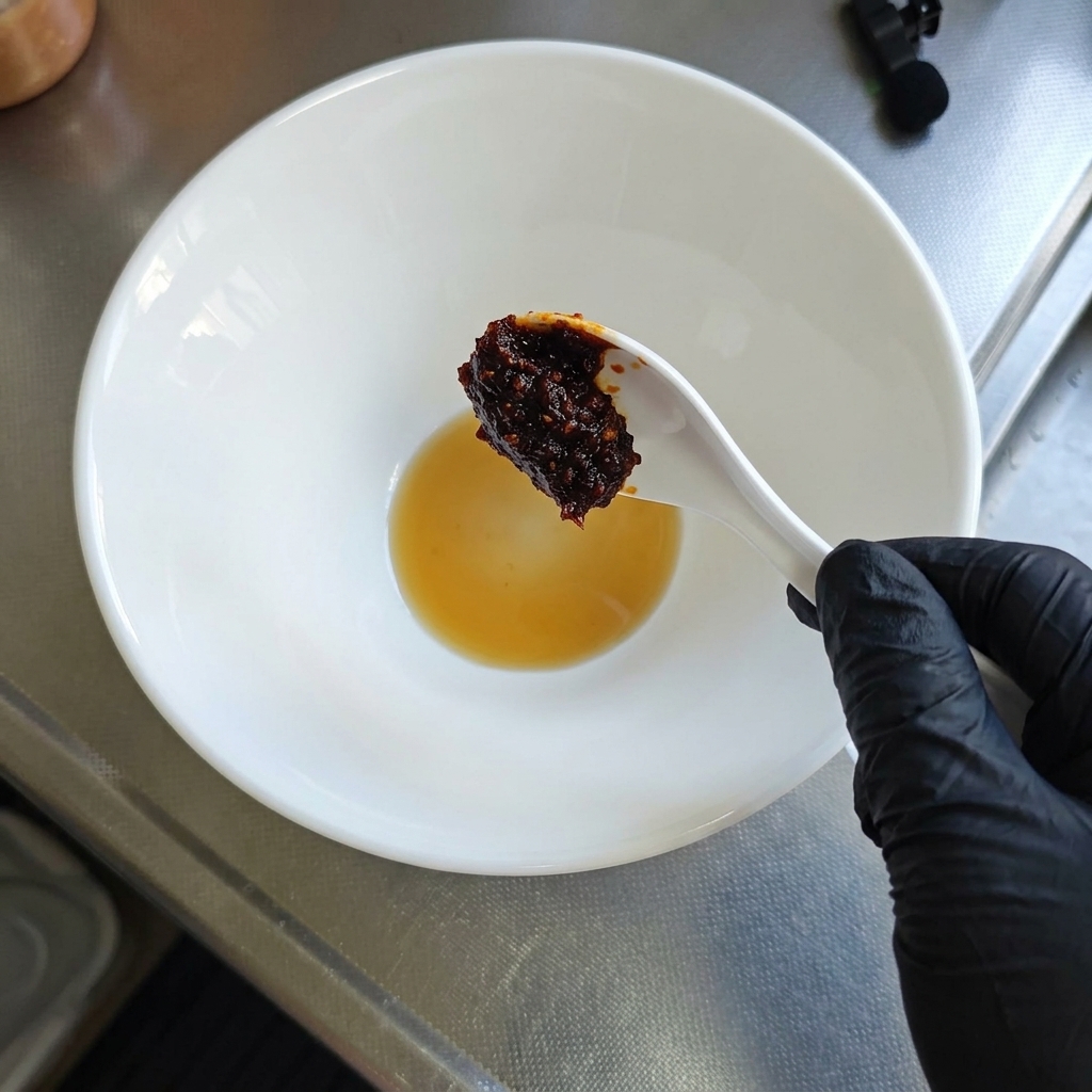 Une main gantée tenant une cuillère remplie de pâte de piment rouge au-dessus dun bol contenant le tare liquide.