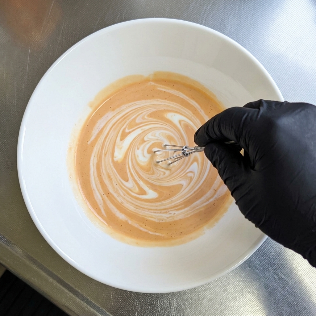 Une main gantée utilisant un mini fouet pour mélanger un bouillon orange vif crémeux dans un grand bol à ramen.
