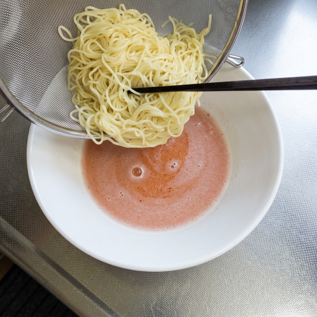Nouilles ramen fines versées dune passoire en inox dans un bol de bouillon rouge piquant.