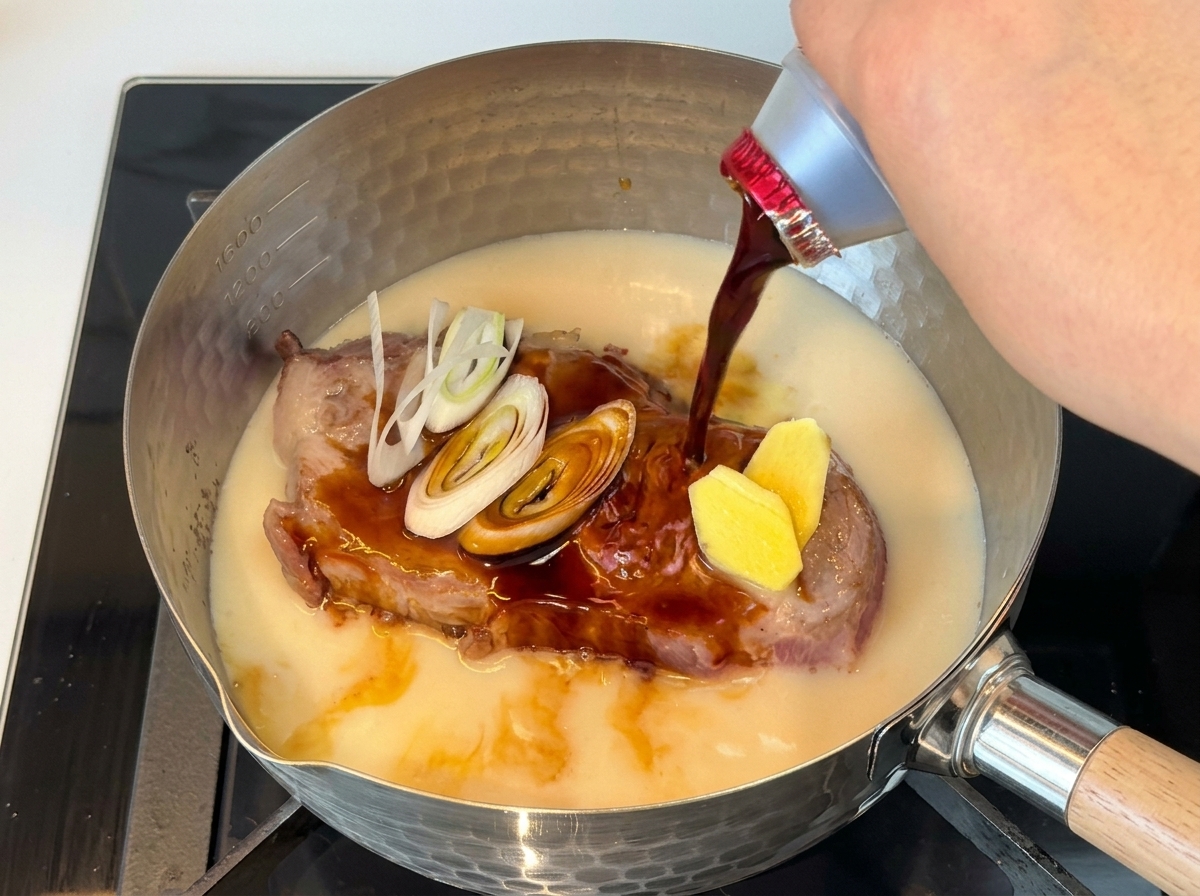Sauce soja foncée versée dans une casserole contenant le porc dans un liquide laiteux avec des oignons verts.