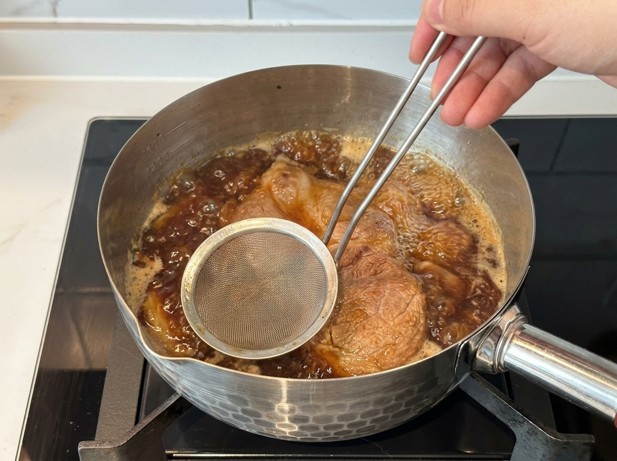 Un morceau déchine de porc mijotant dans une sauce brune bouillonnante tandis quune écumoire retire lécume.