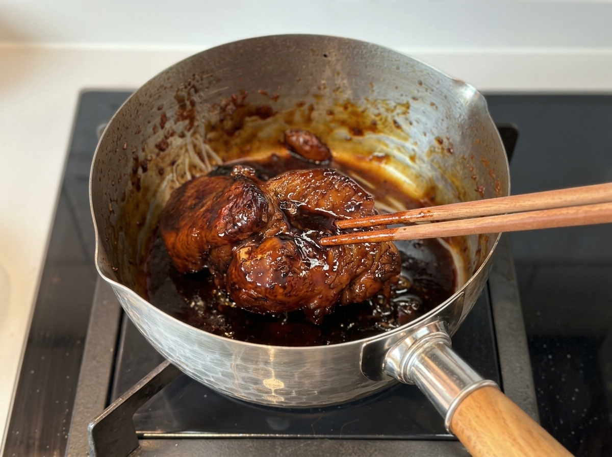 Un morceau de porc char siu parfaitement caramélisé soulevé dune sauce collante avec des baguettes.