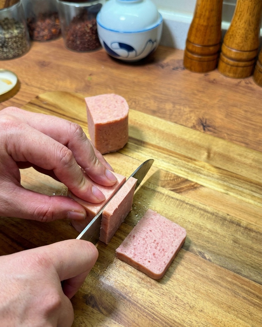 Mains découpant un bloc de jambon en conserve en tranches épaisses.