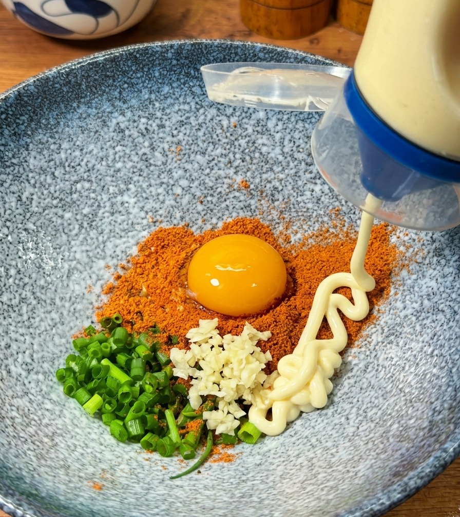 Mayonnaise versée sur un jaune dœuf et des aromates dans un bol.