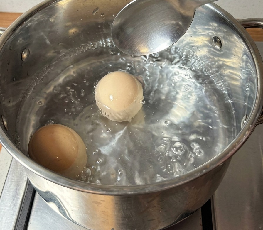 Deux œufs bruns bouillant dans une casserole deau.