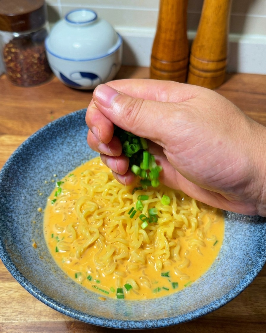 Mains saupoudrant des oignons verts sur le bol de ramen fumant.