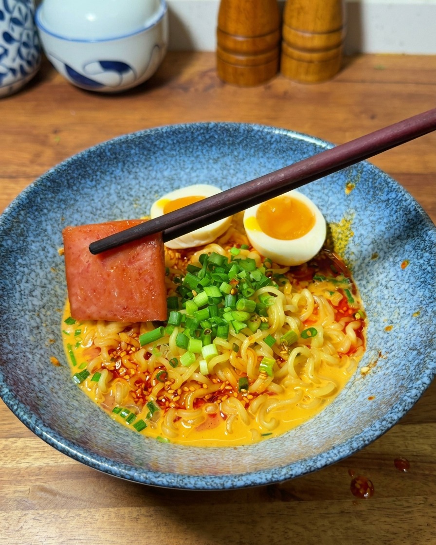 Baguettes posant une tranche de jambon grillé sur le ramen.