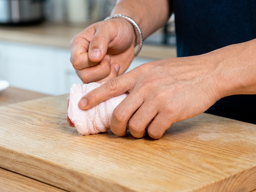 Mains ficelant fermement un morceau de poitrine de porc roulé cru avec de la ficelle de boucher sur une planche à découper en bois.