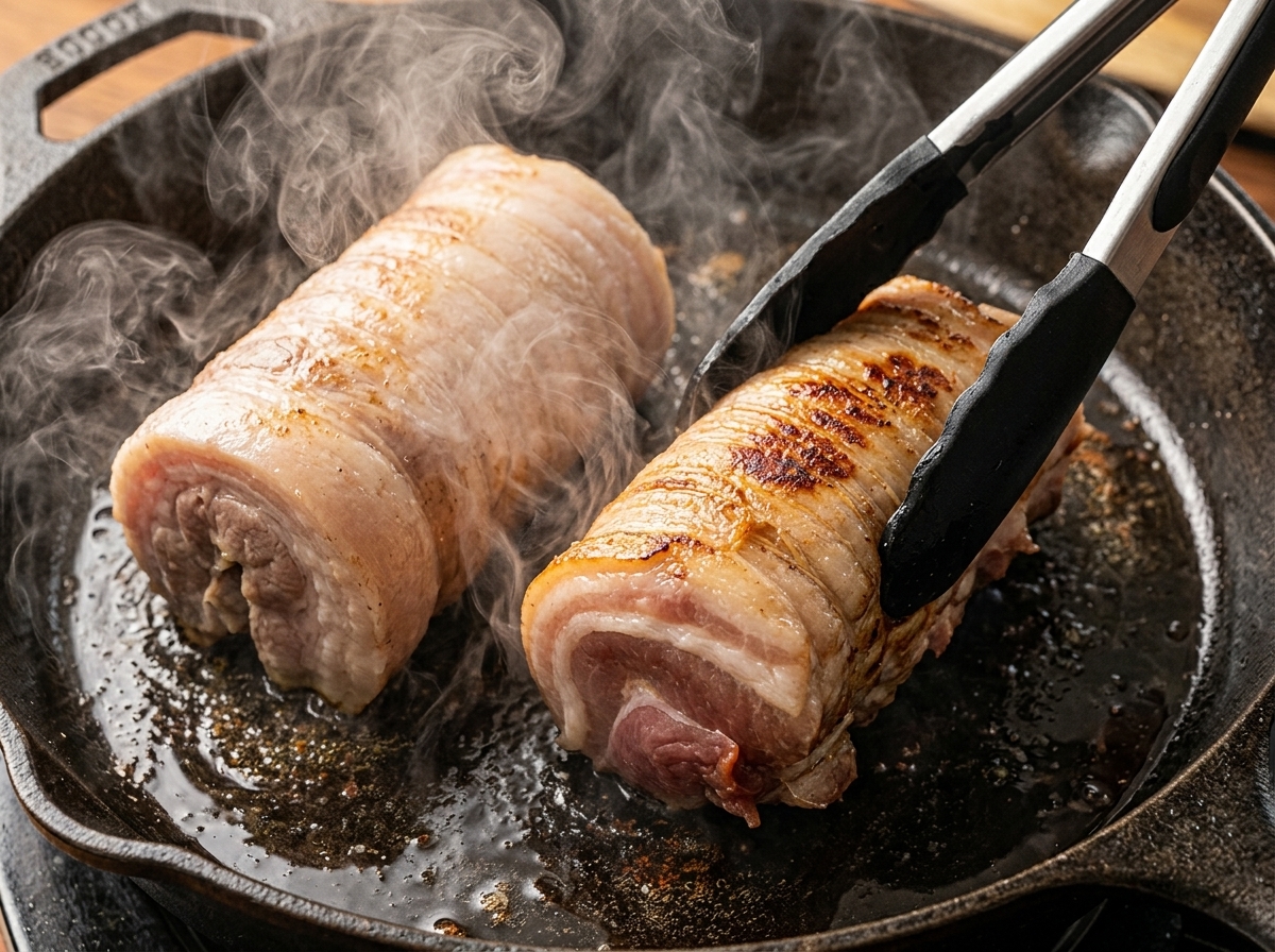 Deux rouleaux de poitrine de porc ficelés dorant dans une poêle en fonte chaude avec de la vapeur qui sen échappe.