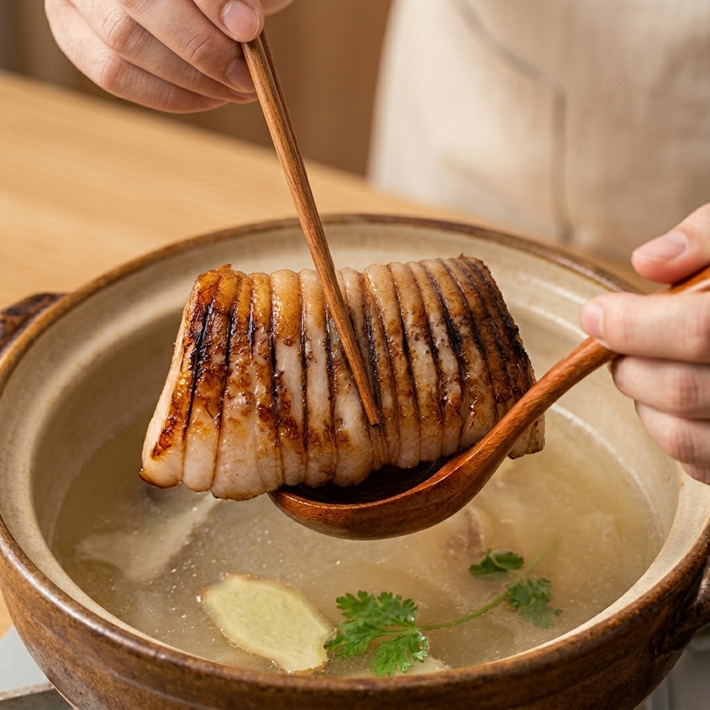 Un rouleau de porc bouilli soulevé dun bouillon clair à laide dune cuillère en bois et de baguettes.