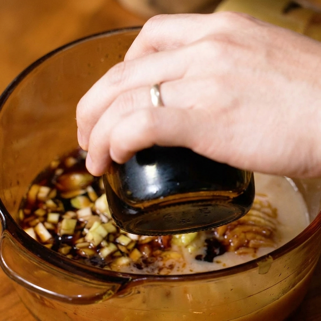 Une main versant de la sauce soja foncée dune bouteille en verre sur la poitrine de porc et les aromates dans une casserole.