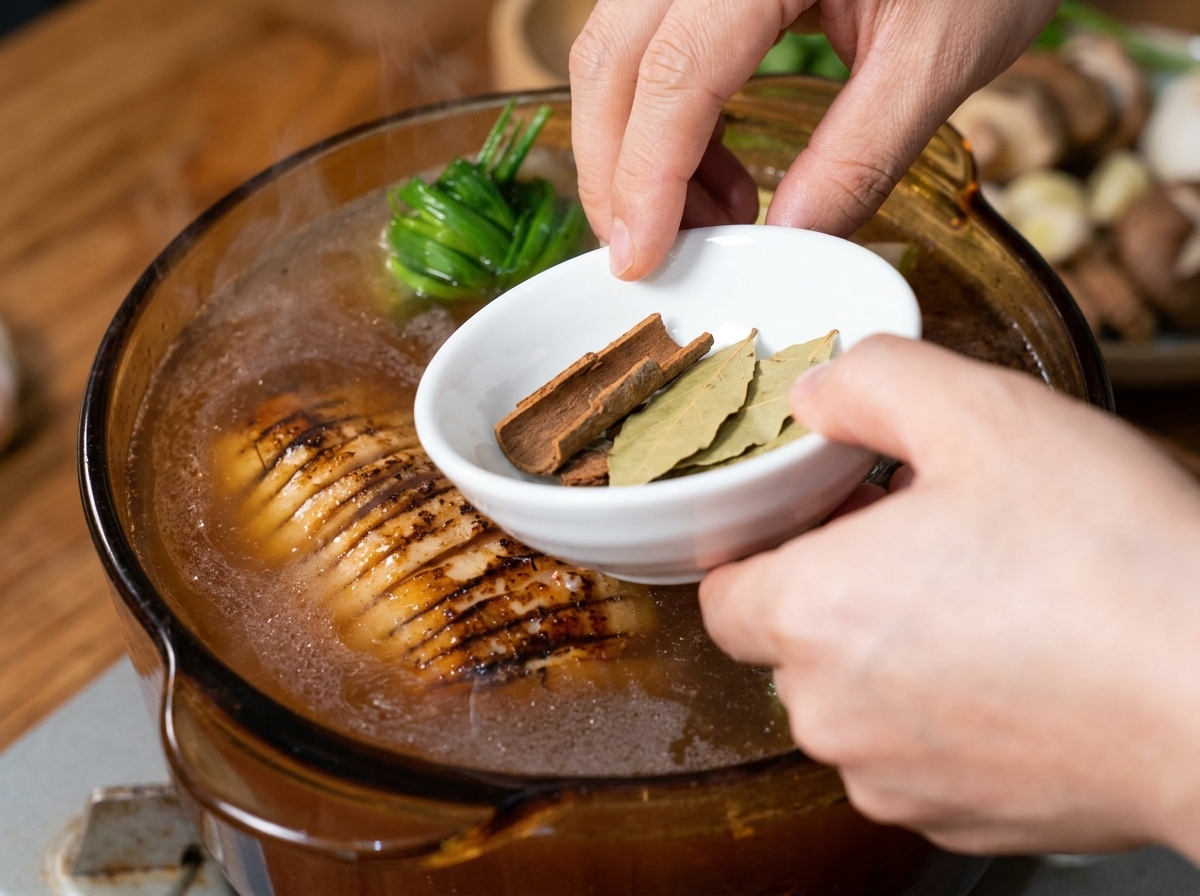 Mains ajoutant un petit bol dépices avec des bâtons de cannelle et des feuilles de laurier dans une marmite où frémit la poitrine de porc.