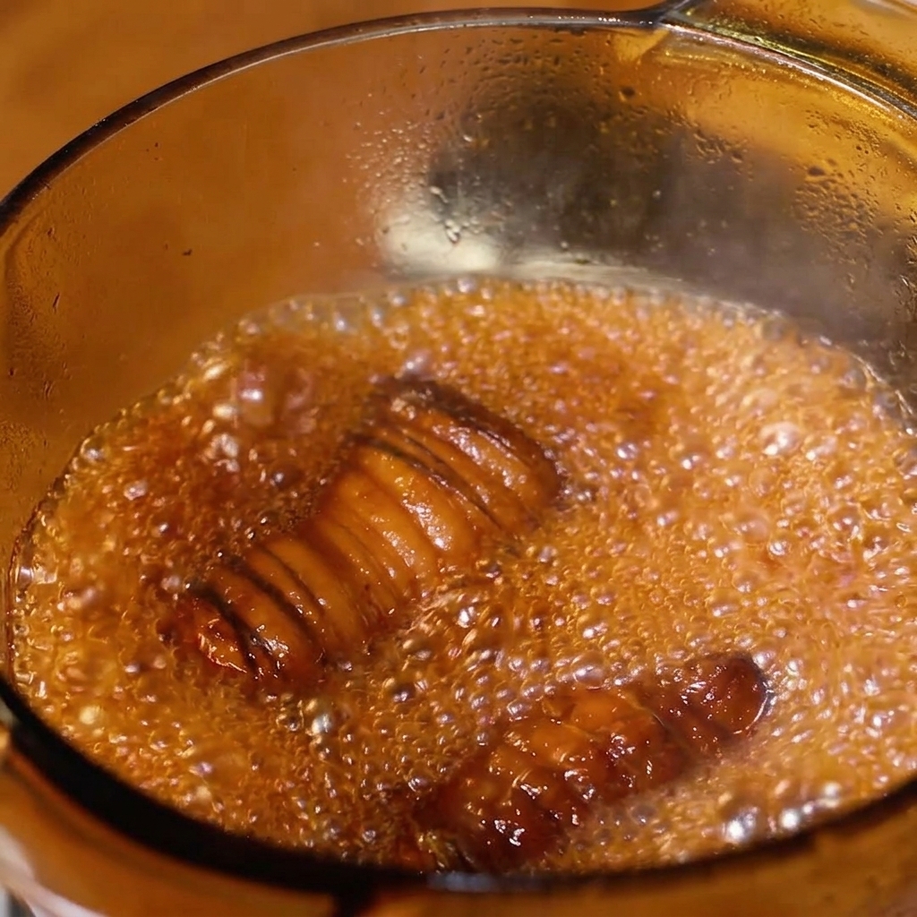 Un rouleau de porc frémissant à gros bouillons dans une sauce foncée et sirupeuse.