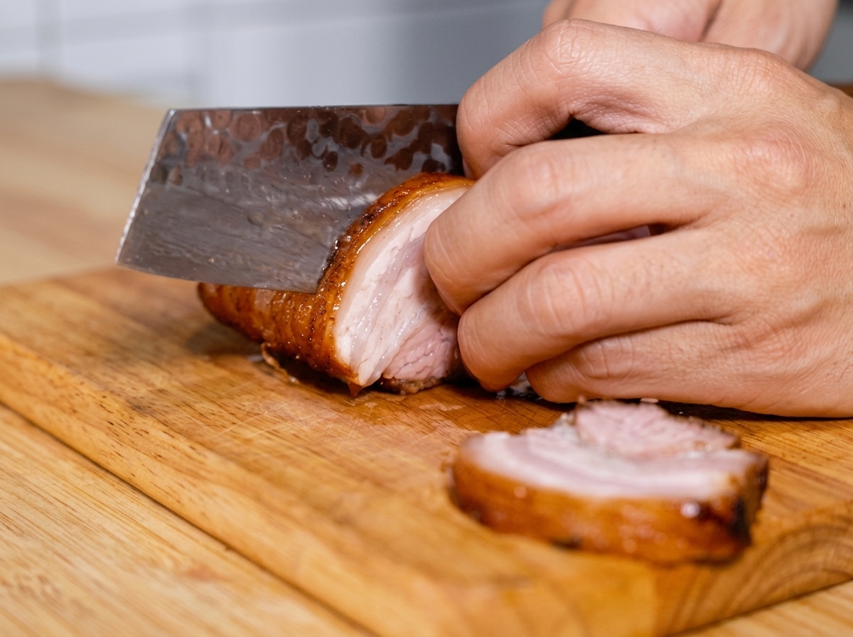 Des mains coupant au couperet un rouleau de porc chashu braisé en épaisses tranches sur une planche.