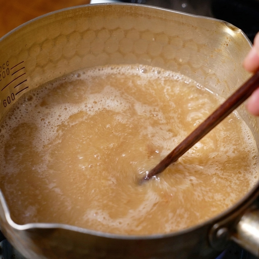 Baguettes en bois mélangeant un bouillon miso bouillonnant dans une petite casserole dorée.