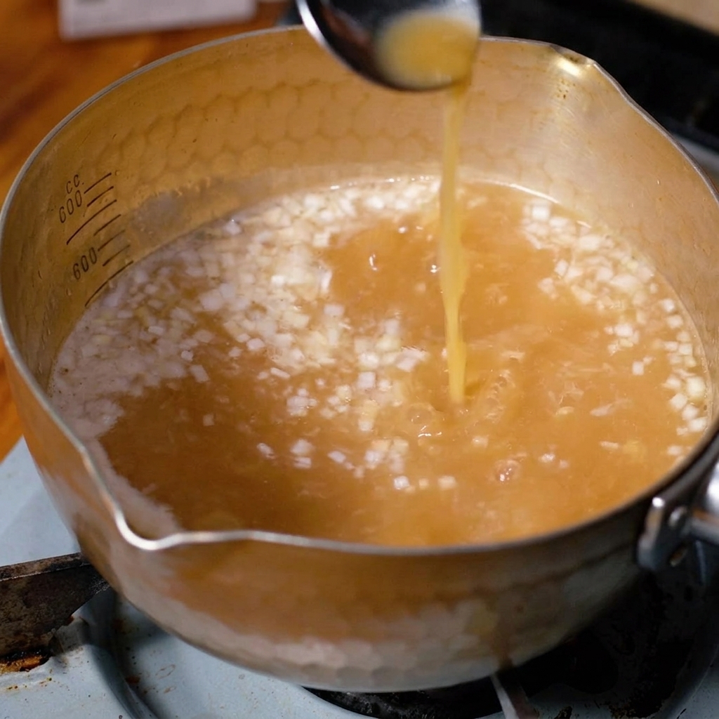 Une cuillère versant un liquide avec des cébettes et aromates hachés dans une casserole de bouillon chaud.