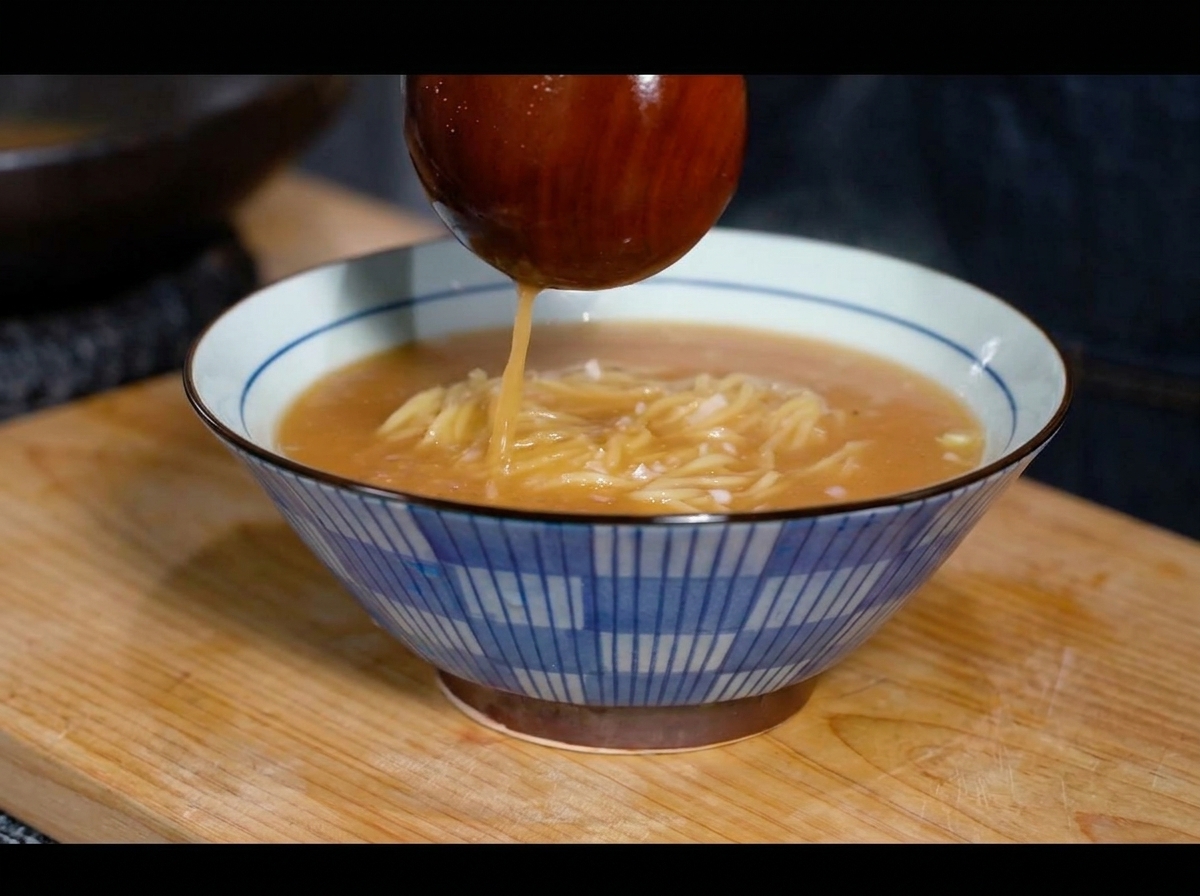 Une louche en bois versant du bouillon miso fumant sur des nouilles ramen fraîches dans un bol bleu et blanc.