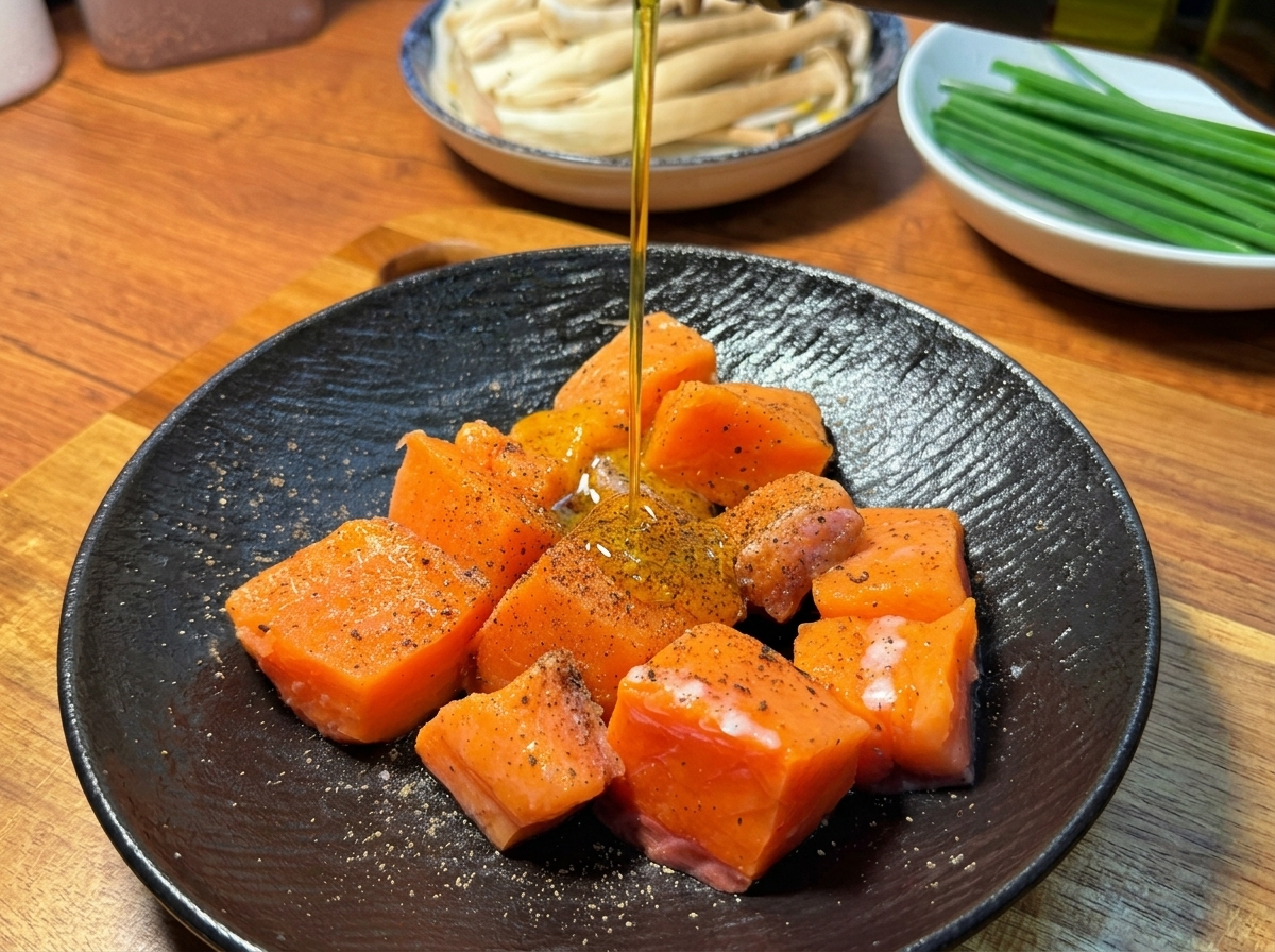 Un mince filet dhuile dolive versé sur les morceaux de saumon cru assaisonnés.