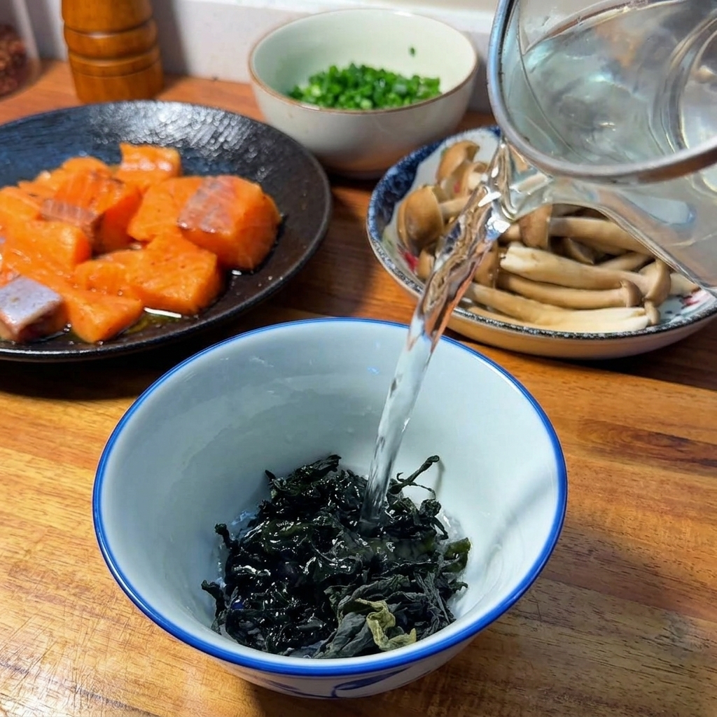 Eau versée depuis un pichet sur des algues wakame séchées dans un bol blanc et bleu.