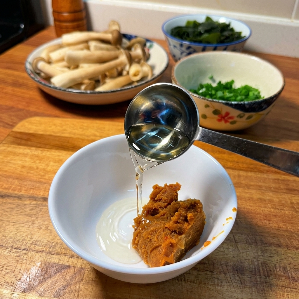 Versement dassaisonnements liquides dans un bol blanc contenant du miso et de la pâte de piment.