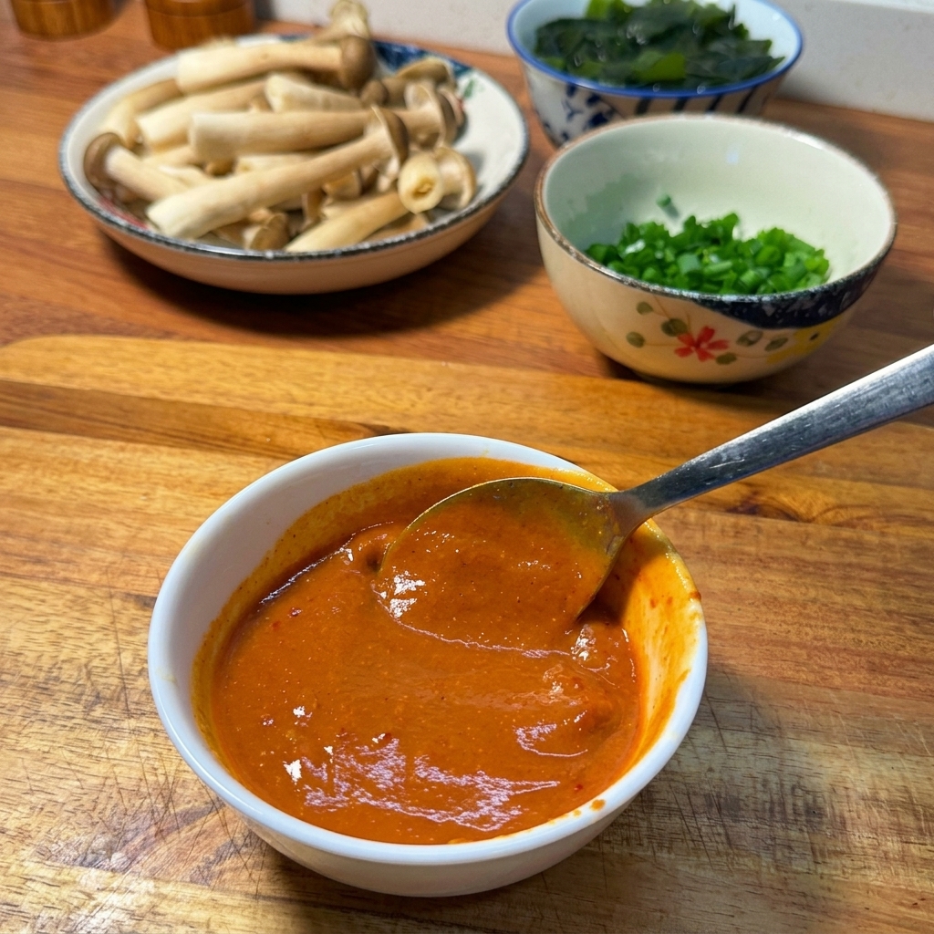 Une sauce rouge foncé bien lisse à base de miso et piment dans un petit bol avec une cuillère.
