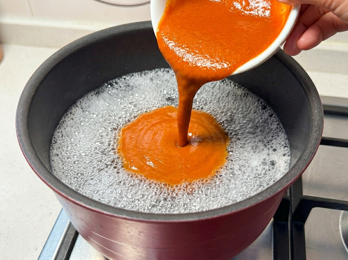 Versement de la sauce rouge épicée au miso dans une casserole deau bouillante.